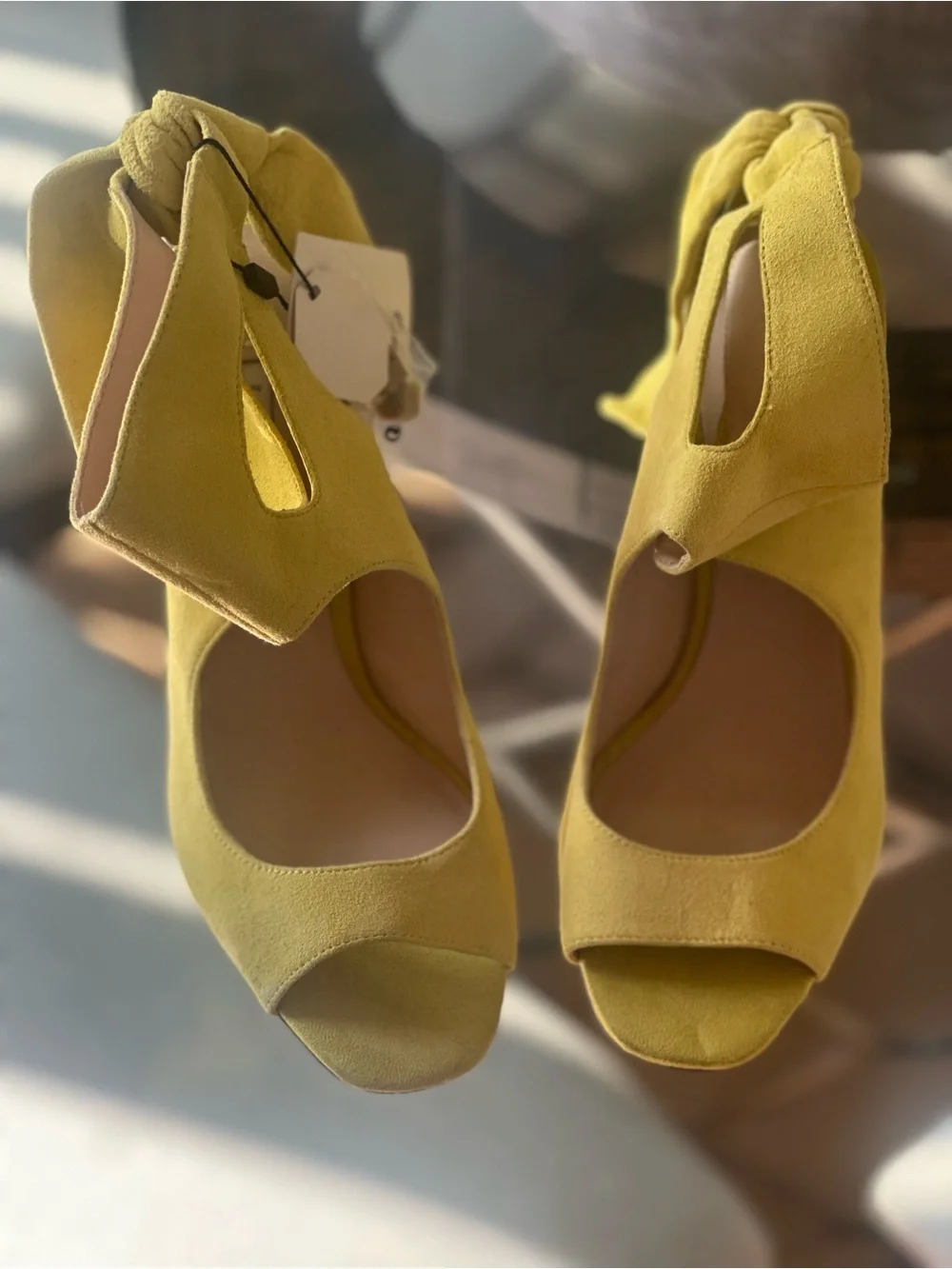 Zara Yellow Suede Tie-Ankle Open-Toe Heels